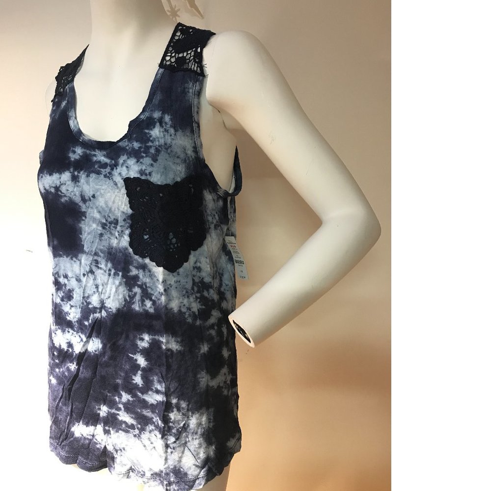 Ardene Tie Dye Blue White Embroidery crochet top tank blouse tunic shirt NWT